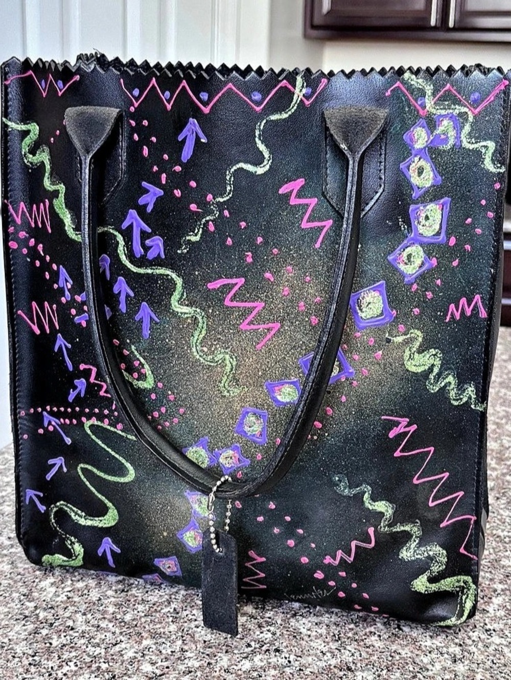 CABĀ Black Leather Tote Custom Hand Painted Graffiti Art Signed Jennifer
